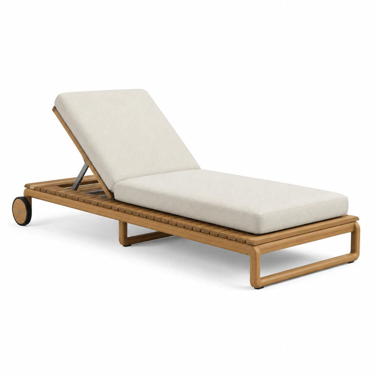 Sonnenliege 200 × 70 × 35 cm aus Naturholz in Beige und Schwarz mit verstellbarer Rückenlehne und Rollen