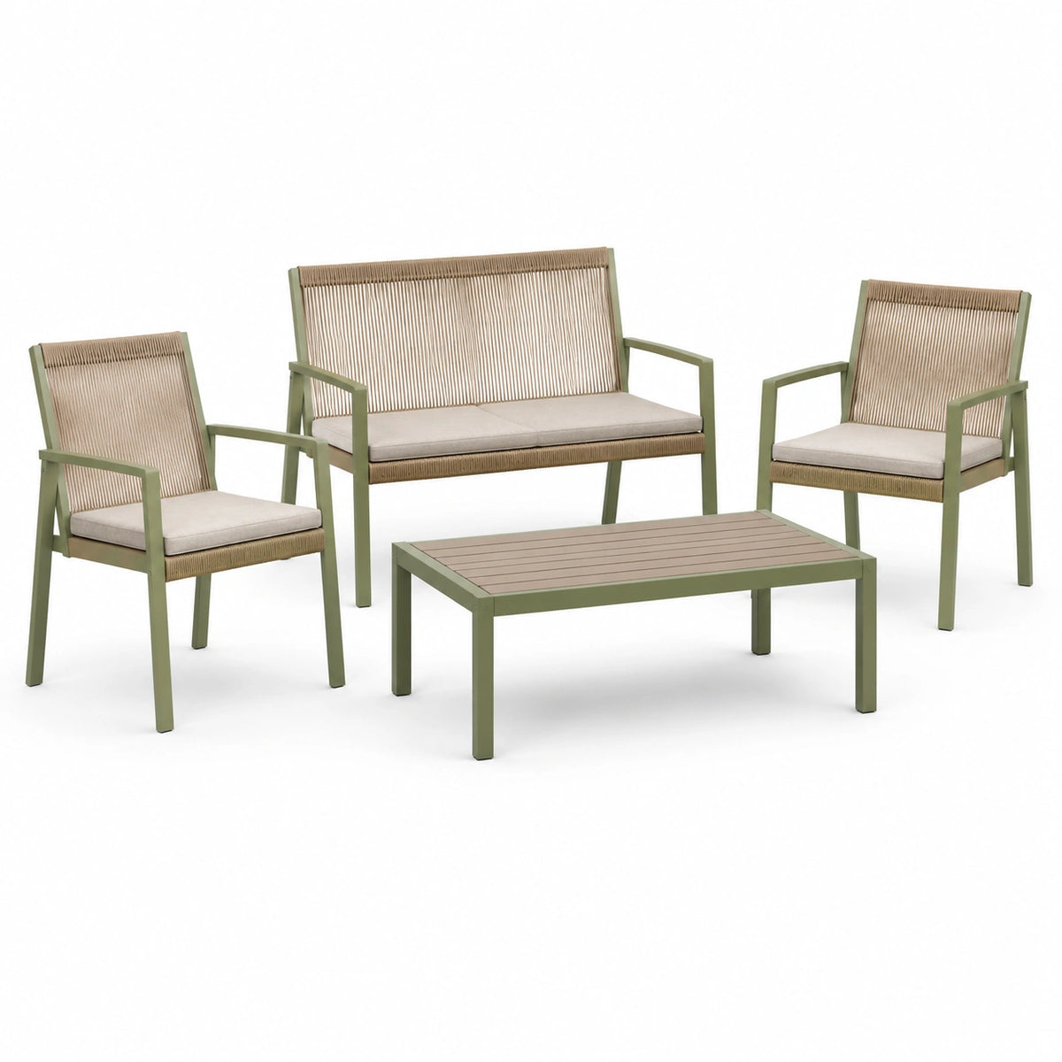 4-teiliges Gartenlounge-Set in Olivgrün und Beige mit Seilgeflecht, Bank 120 × 70 × 78 cm, Sessel 65 × 70 × 78 cm, Tisch 100 × 60 × 45 cm