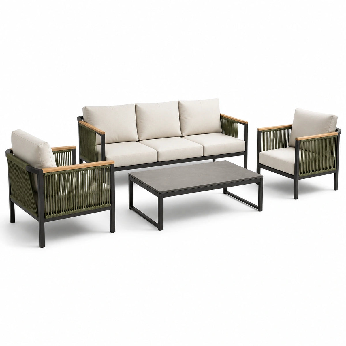 4-teiliges Gartenmöbelset Schwarz/Beige/Grün/Braun mit 3-Sitzer-Sofa, 2 Sesseln und Couchtisch, Sofa 210 × 80 × 78 cm