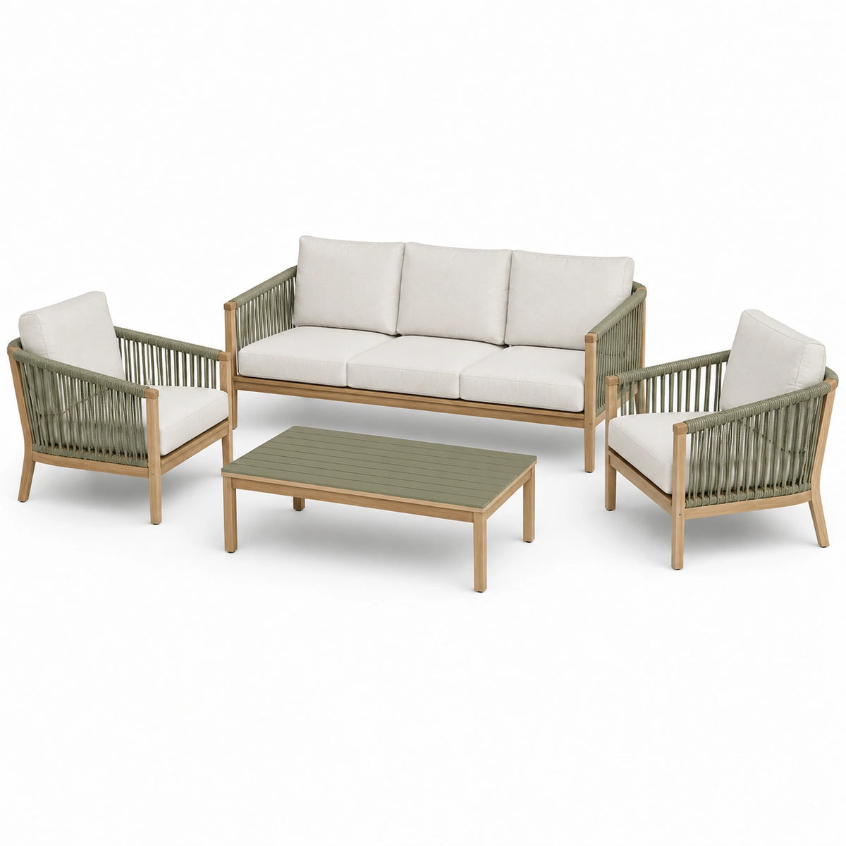 4-teiliges Garten-Loungeset aus Holz mit Seilbespannung, Beige/Naturgrün, Sofa 178 × 76 × 78 cm