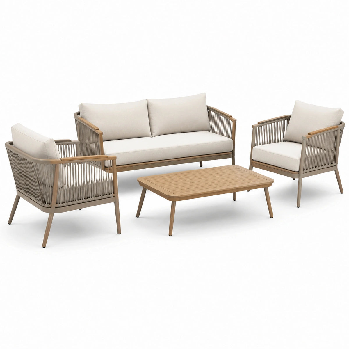 4-teiliges Lounge-Set Beige/Natur mit Seilgeflecht, Zweisitzer 125 × 70 × 78 cm, 2 Sessel 75 × 70 × 78 cm, Tisch 100 × 60 × 42 cm