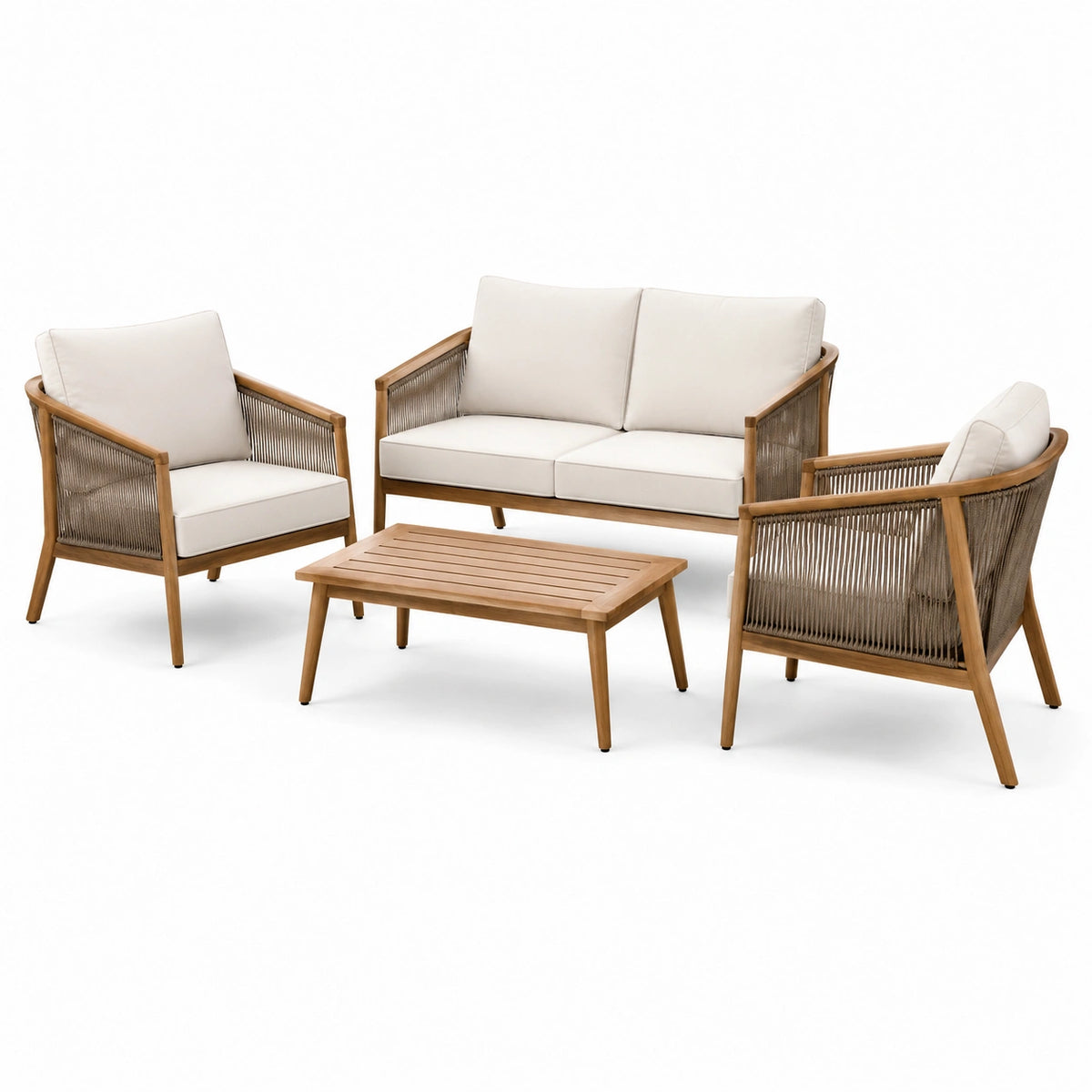 4-teiliges Garten-Loungeset aus Holz und Seilbespannung, Naturbraun/Taupe/Creme, Zweisitzer 135×70×78 cm