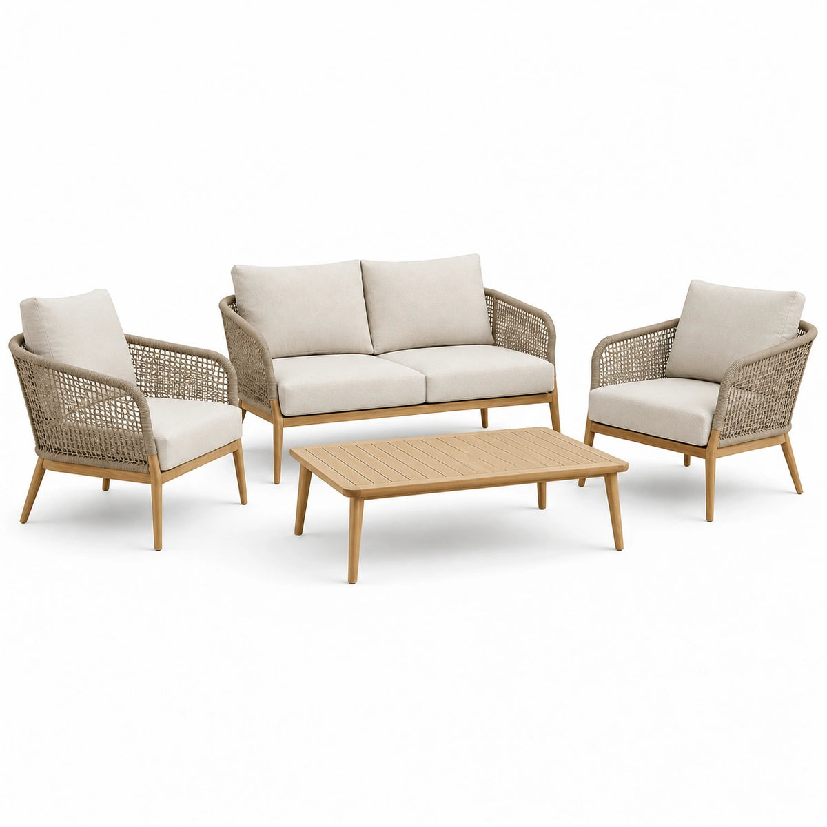 4-teiliges Garten-Loungeset Beige/Hellbraun mit Seilgeflecht, Sofa 132 × 74 × 78 cm, Sessel 72 × 74 × 78 cm, Tisch 100 × 60 × 42 cm