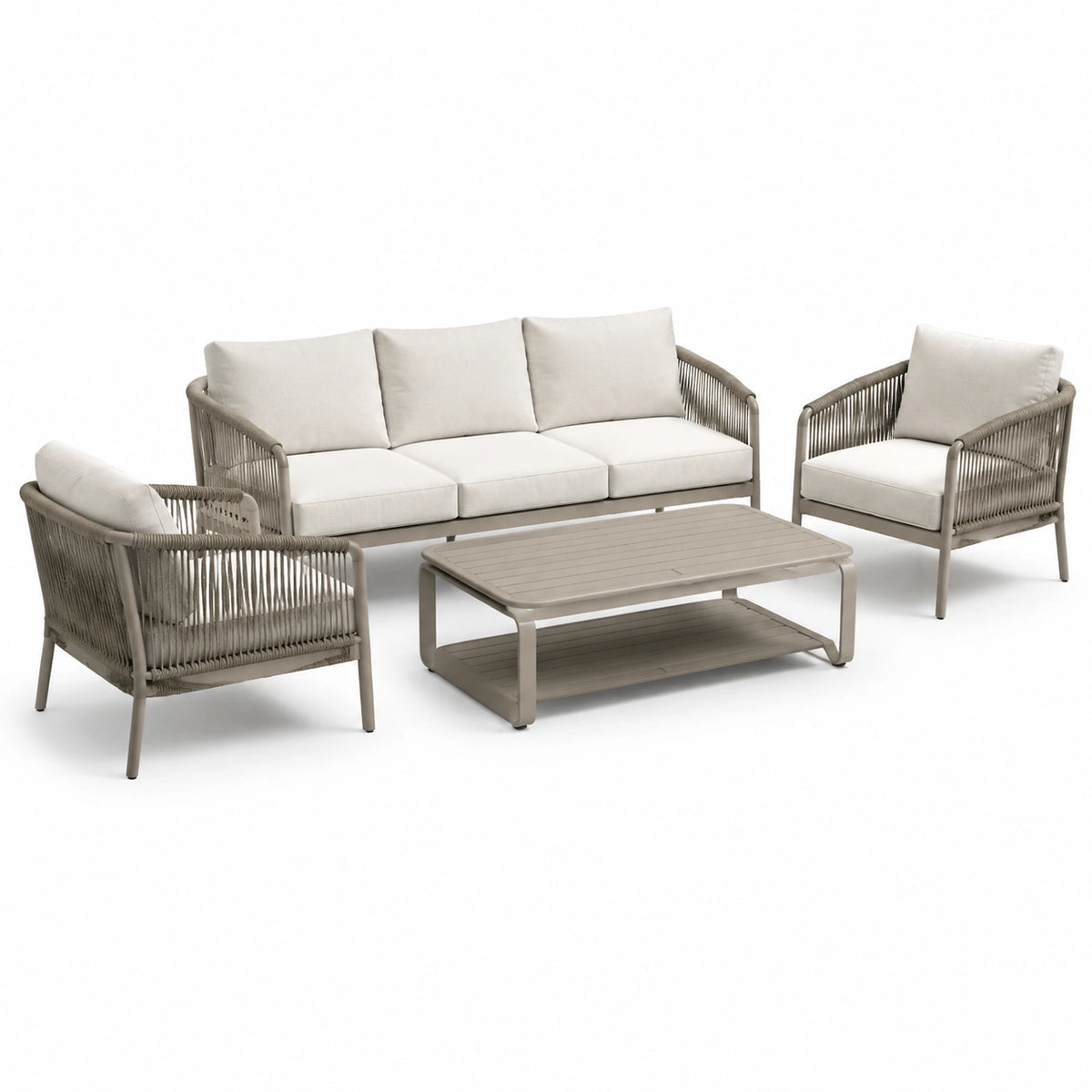 4-teiliges Loungemöbel-Set Taupe/Creme mit 3-Sitzer, 2 Sesseln und Couchtisch, 205 × 83 × 76 cm