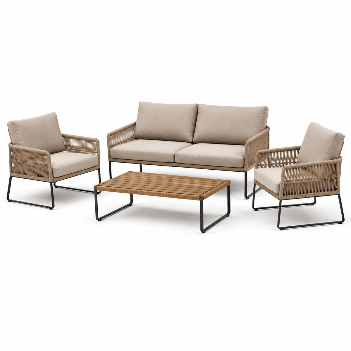 4-teiliges Loungemöbel-Set mit 2-Sitzer, 2 Sesseln und Couchtisch, Beige/Schwarz/Braun