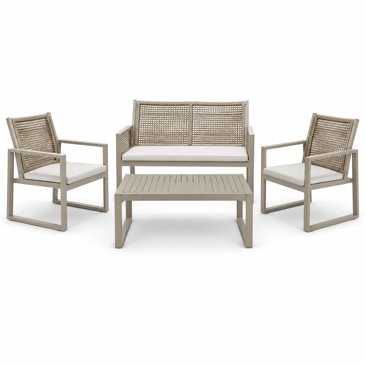 4-teiliges Gartenmöbel-Set in Taupe/Creme mit Seilgeflecht, 2-Sitzer 115 × 68 × 76 cm, Sessel 67 × 68 × 76 cm, Tisch 100 × 60 × 45 cm