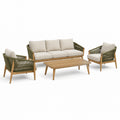 4-teiliges Gartenlounge-Set aus Holz mit olivgrünem Seilgeflecht und beigen Polstern, Sofa 210 x 80 x 75 cm