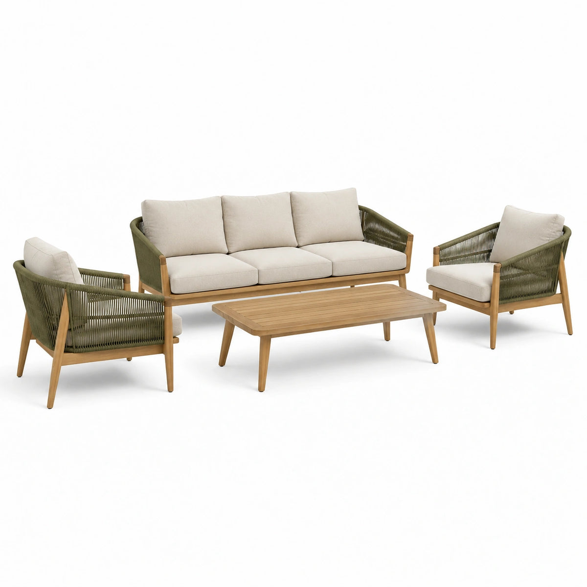 4-teiliges Gartenlounge-Set aus Holz mit olivgrünem Seilgeflecht und beigen Polstern, Sofa 210 x 80 x 75 cm