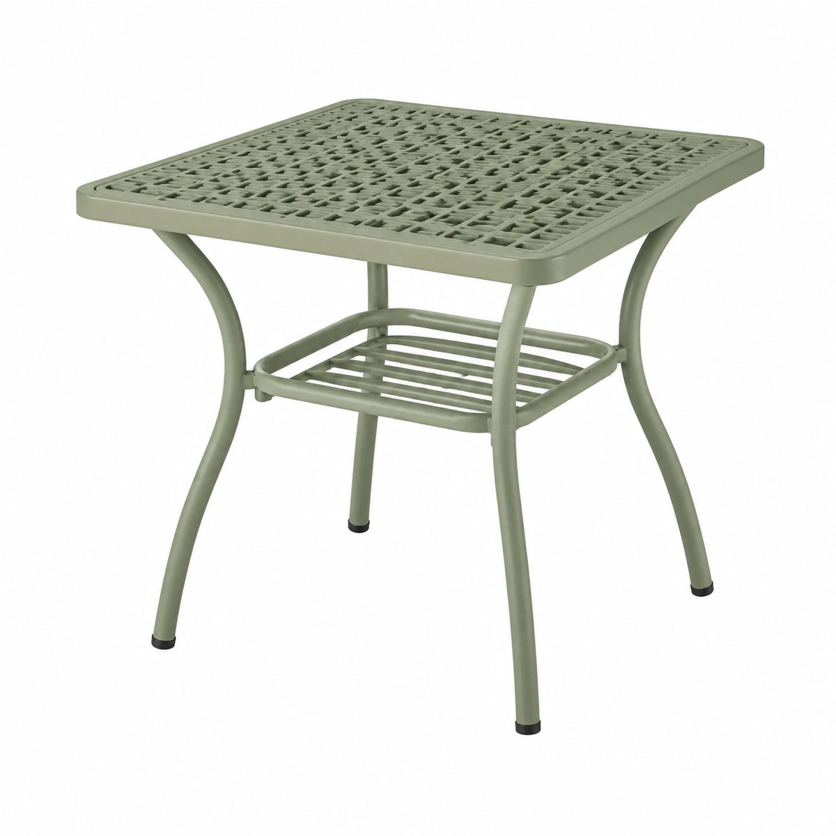 Quadratischer Gartentisch aus Metall, 90 × 90 × 74 cm, Salbeigrün, mit Ablagegitter