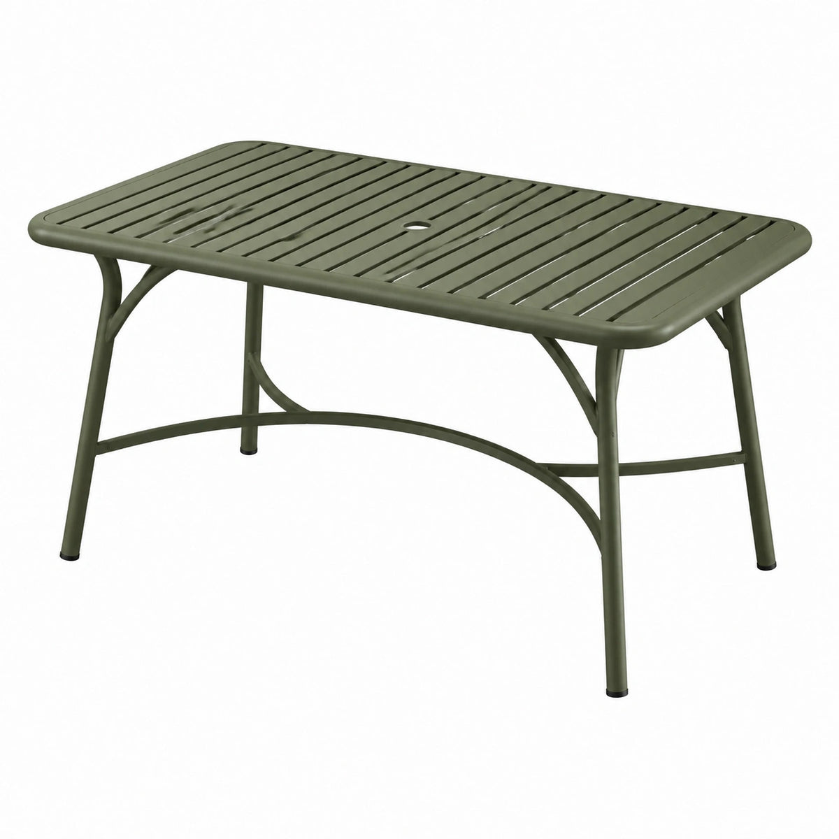 Rechteckiger Metalltisch für den Außenbereich, Olivgrün, 140 × 80 × 73 cm, mit Lamellenplatte und Schirmöffnung