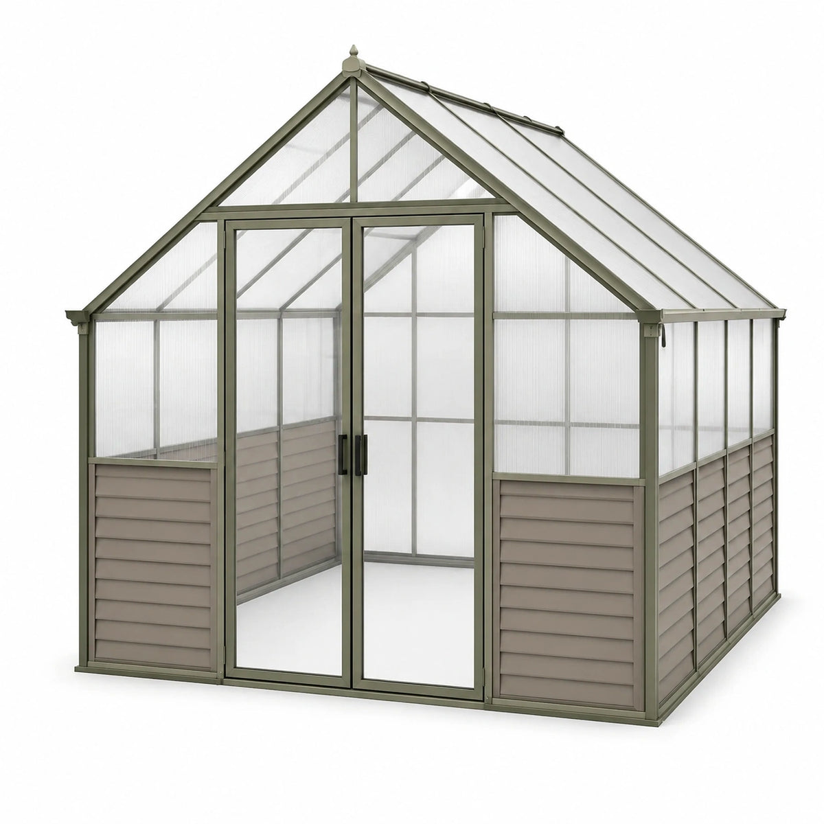 Gewächshaus 190 × 190 × 220 cm aus Aluminium und Polycarbonat mit Schiebetüren, Olivgrün/Transparent
