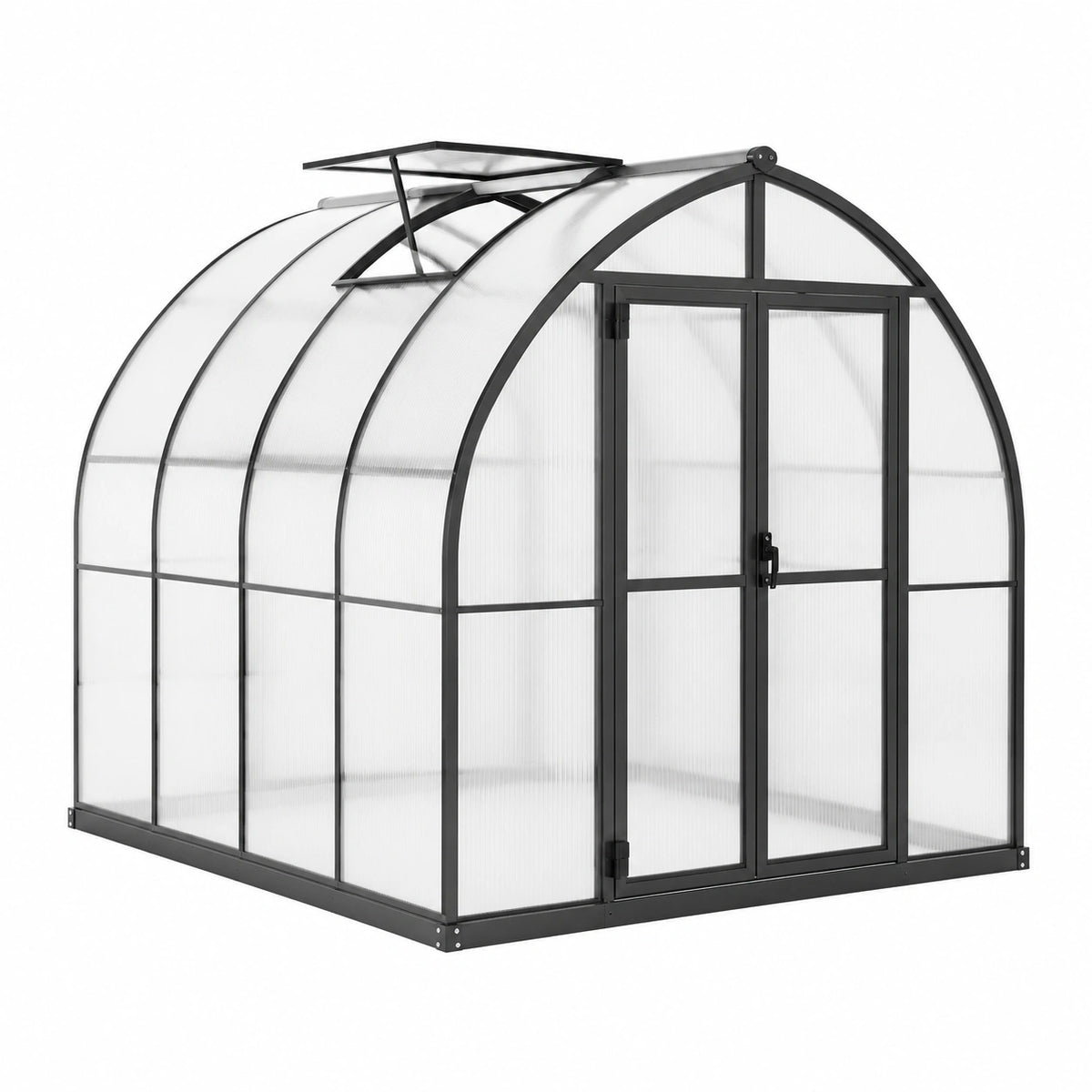 Gewächshaus 190 x 190 x 195 cm aus Aluminium und Polycarbonat, Schwarz/Transparent, mit Doppeltür und Dachfenster