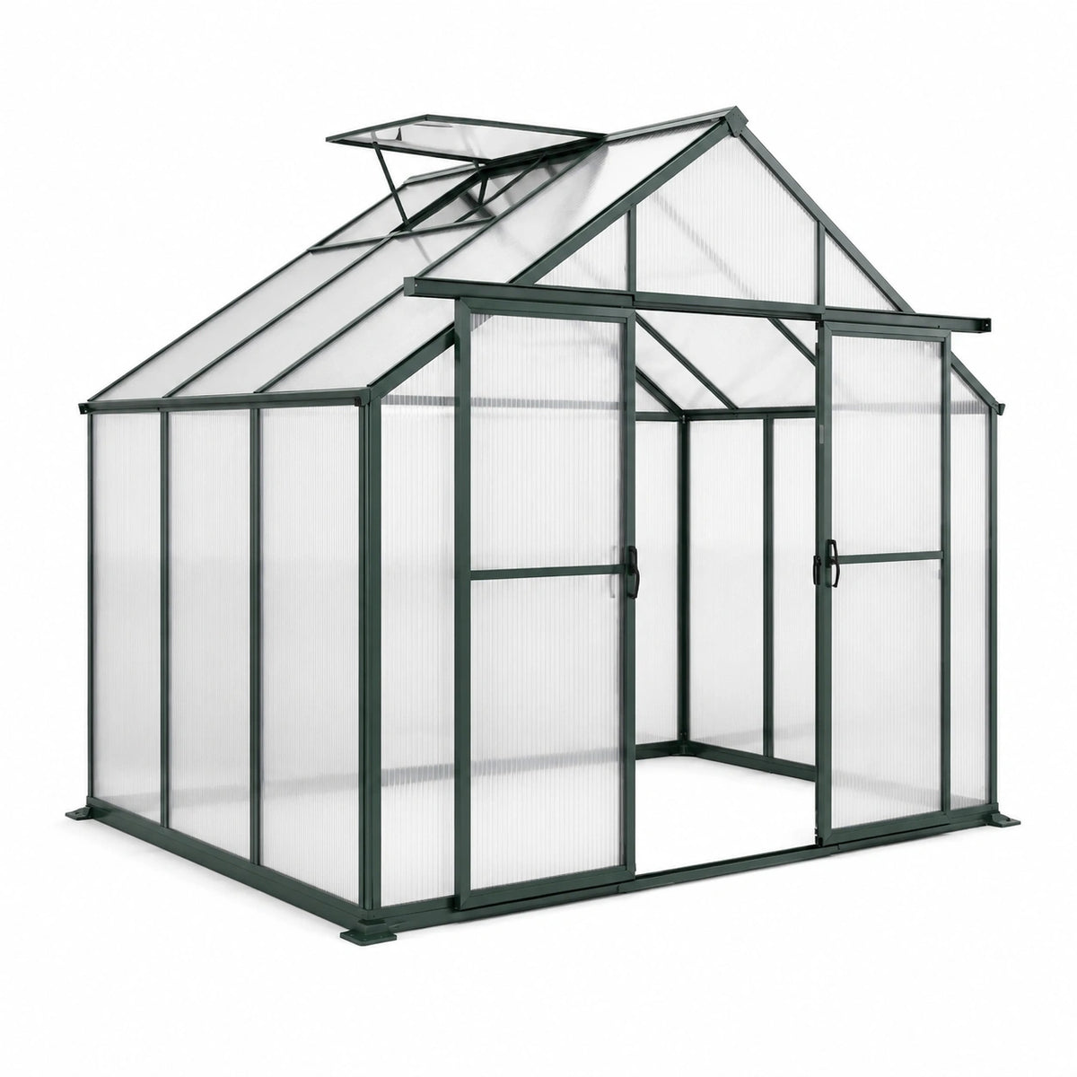 Aluminium-Gewächshaus 190 × 190 × 195 cm in Dunkelgrün/Transparent mit Schiebetür und Dachfenster