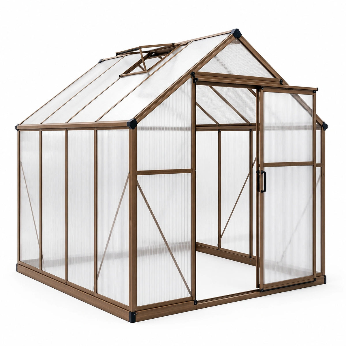 Braunes Aluminium-Gewächshaus mit transparenten Polycarbonatplatten, Dachfenster und Tür, 190 × 190 × 195 cm