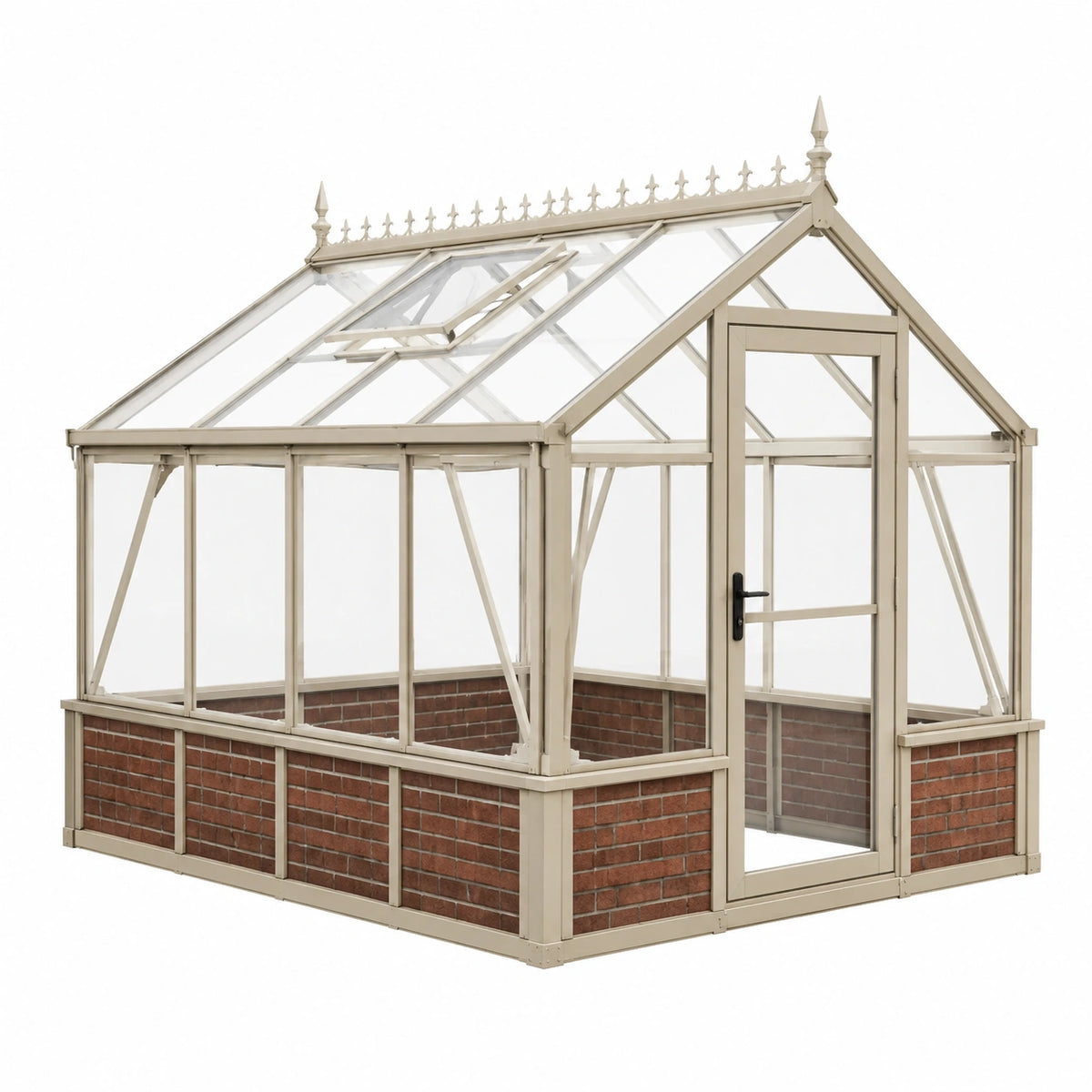 Klassisches Gewächshaus aus Metall und Glas, 200 × 200 × 250 cm, Cremeweiß/Transparent/Braun