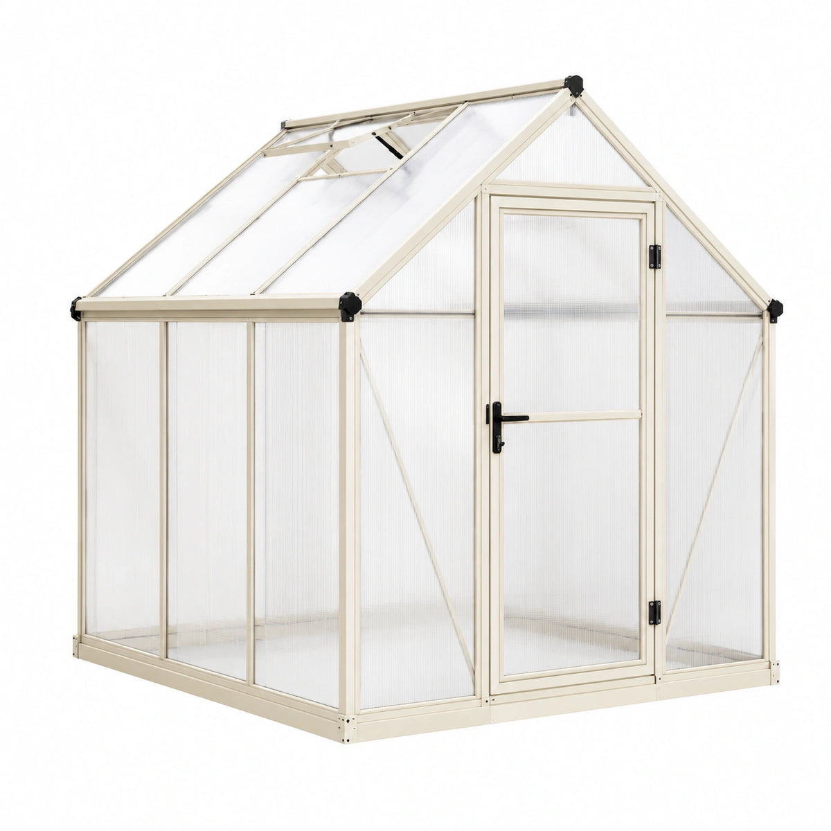 Aluminium-Gewächshaus Cremeweiß/Schwarz mit Polycarbonatplatten, 190 × 190 × 195 cm, Dachfenster und Drehtür