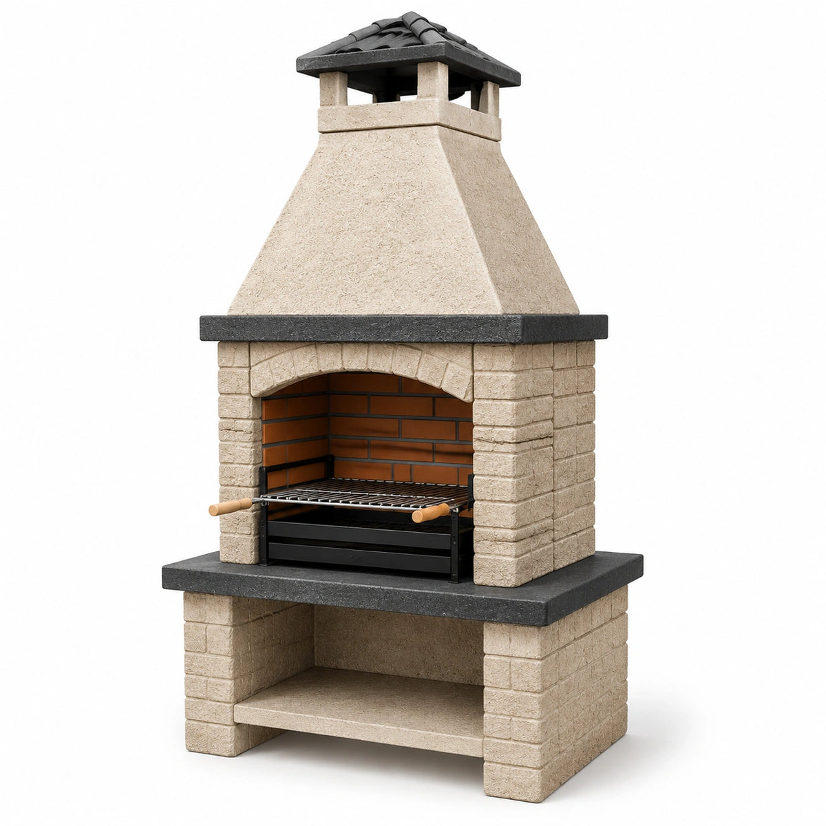 Gartenkamin aus Stein mit Grillrost und Schornstein, Beige/Schwarz/Braun, 90 × 70 × 200 cm