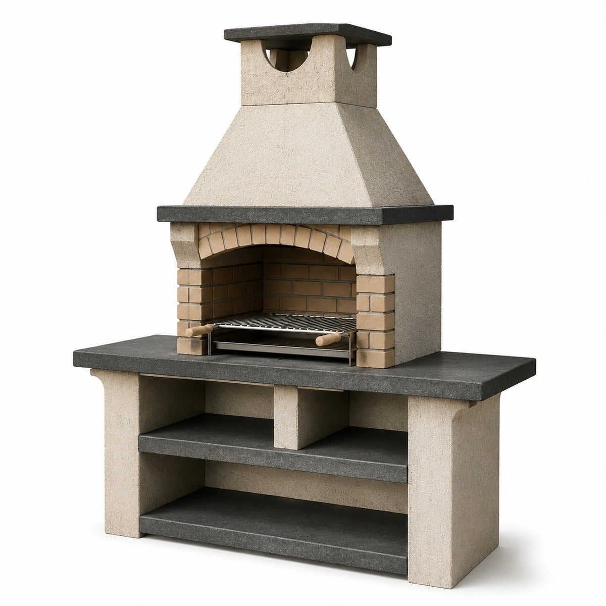 Gartenkamin mit Grillrost und Ablageflächen, 120 × 70 × 210 cm, Beige/Anthrazit