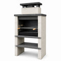 Grillkamin aus Stein und Metall, 90 × 60 × 190 cm, Beige/Anthrazit/Schwarz mit Naturholzgriffen