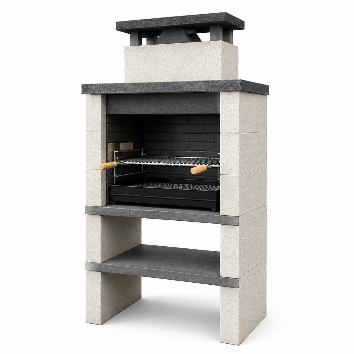 Grillkamin aus Stein und Metall, 90 × 60 × 190 cm, Beige/Anthrazit/Schwarz mit Naturholzgriffen