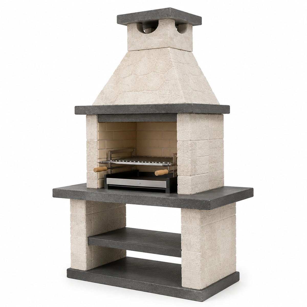 Grillkamin aus Kunststein Beige/Anthrazit mit Holzkohlegrill und Ablage, 110 × 70 × 210 cm