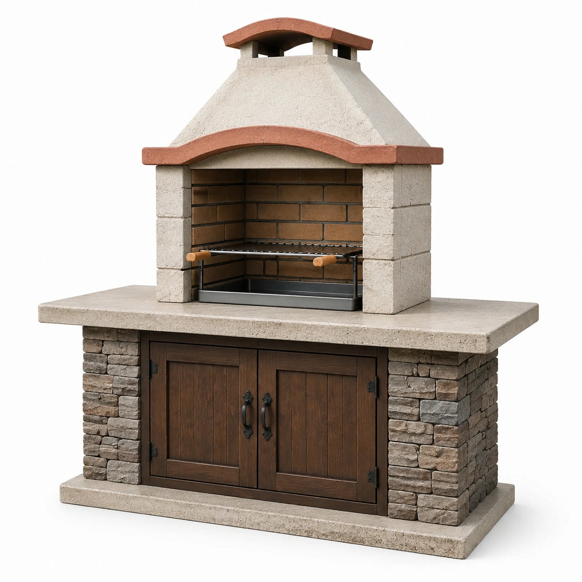 Gemauerter Gartengrill mit Kamin und Unterschrank, 160 × 70 × 220 cm, Beige/Braun/Terrakotta/Schwarz