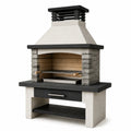 Gemauerte Grillstation mit Kaminhaube, Grillrost und Ablageflächen, 110 × 70 × 210 cm, Beige/Schwarz/Grau