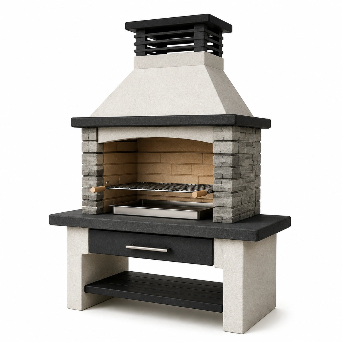 Gemauerte Grillstation mit Kaminhaube, Grillrost und Ablageflächen, 110 × 70 × 210 cm, Beige/Schwarz/Grau