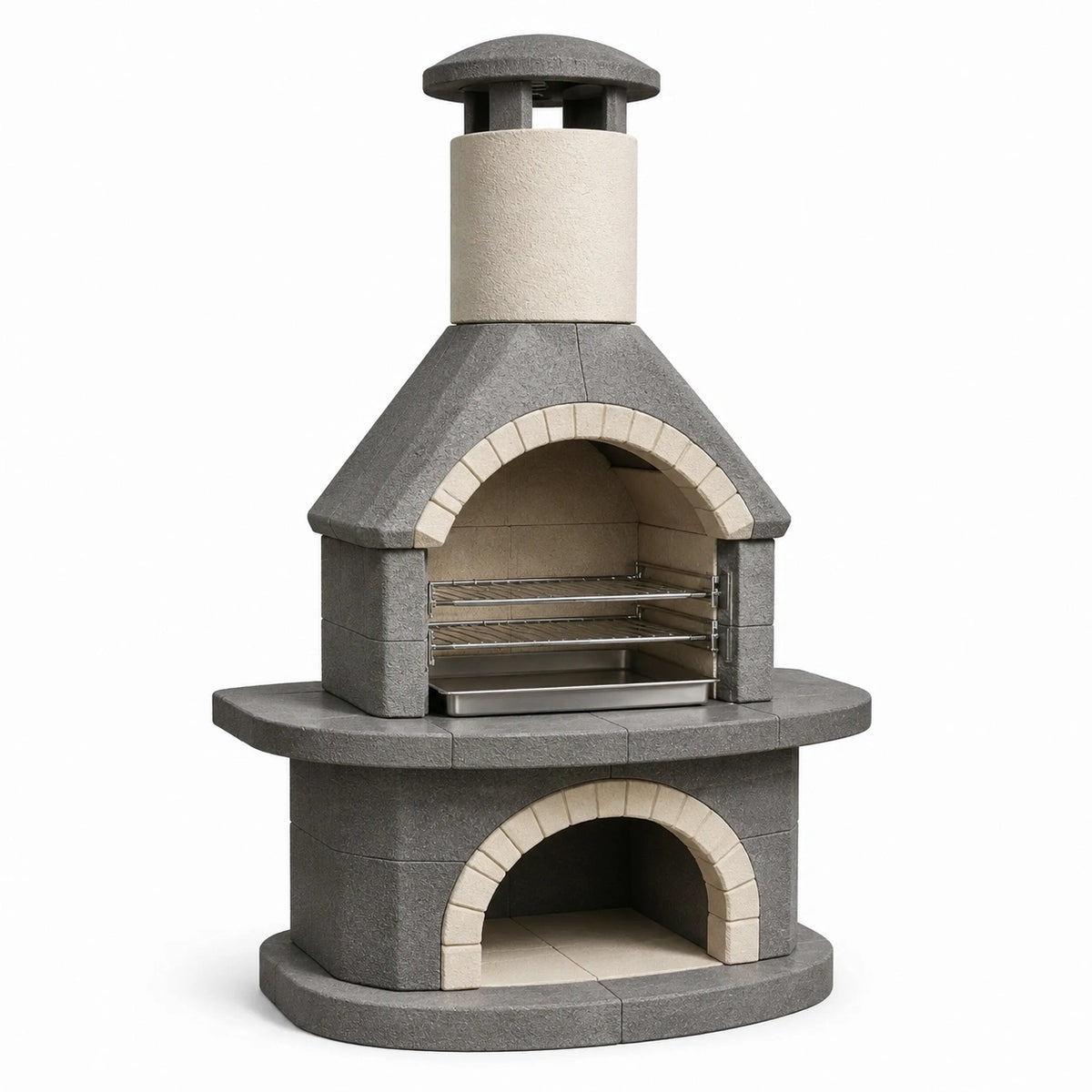 Gartengrillkamin aus Beton in Grau-Beige mit Edelstahlrosten, 120 × 80 × 210 cm