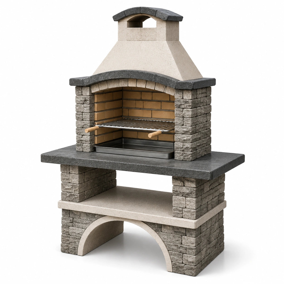 Naturstein-Grillkamin 120 × 70 × 210 cm in Grau, Beige, Schwarz und Braun mit höhenverstellbarem Edelstahlrost