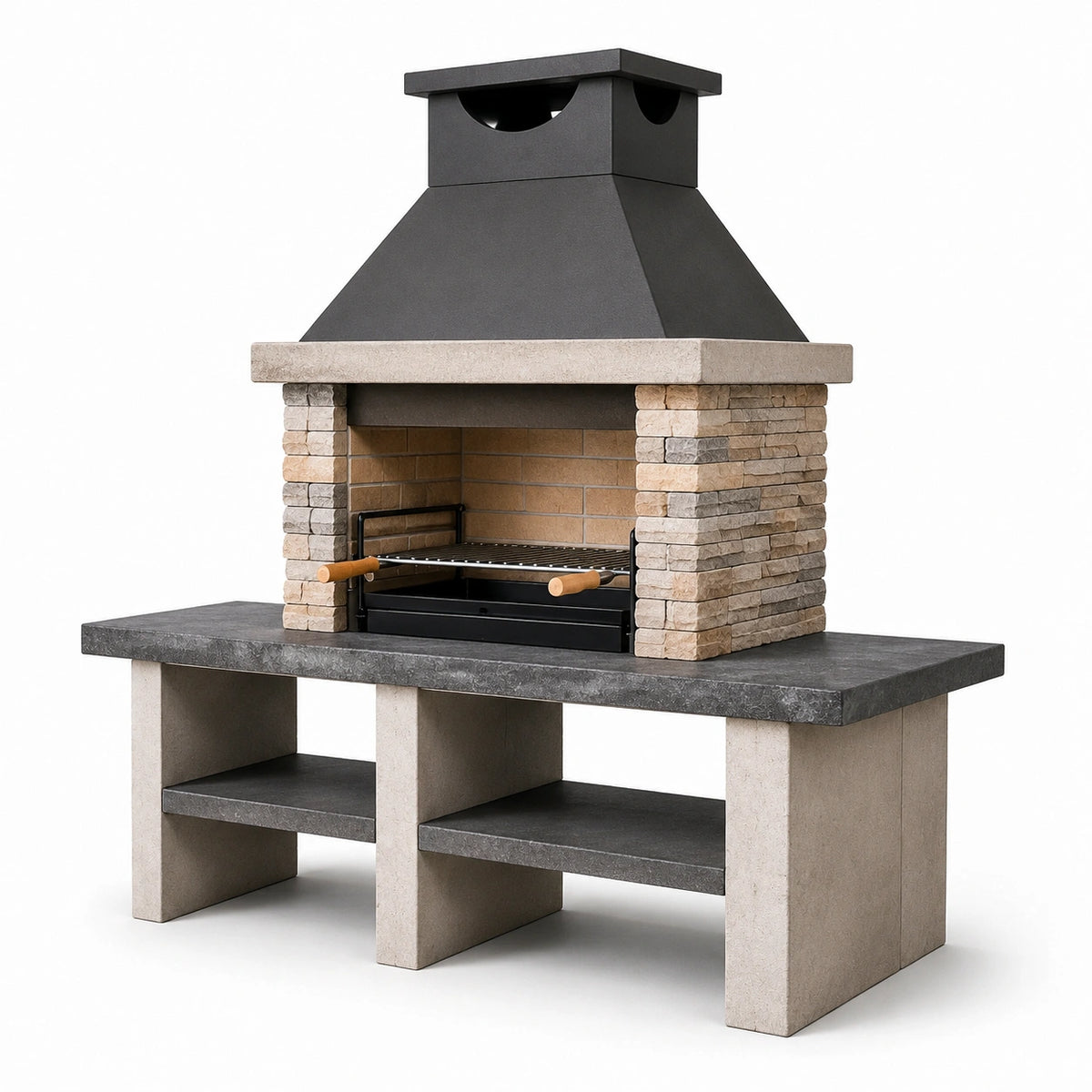 Grillkamin für den Außenbereich, 160 × 80 × 210 cm, Beton, Stahl und Naturstein, Schwarz/Grau/Beige