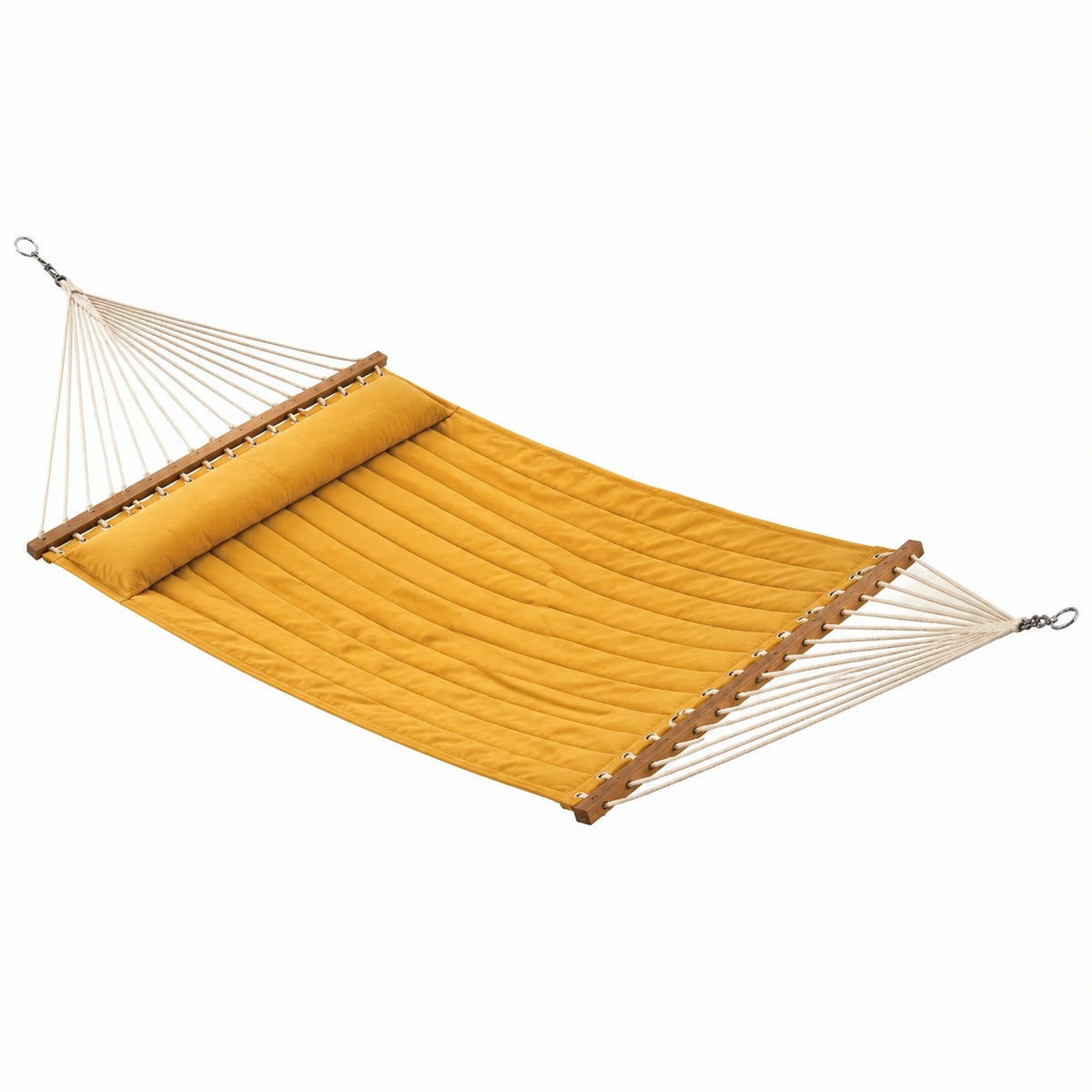 Senfgelbe Hängematte 200 × 140 × 5 cm mit Holzspreizstäben und gepolsterter Kopfauflage