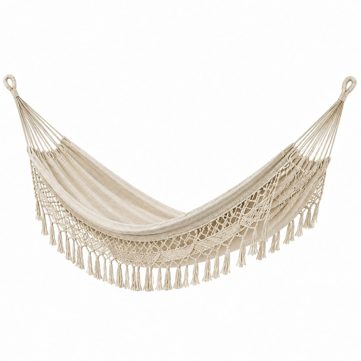 Beige Baumwoll-Hängematte im Boho-Stil mit Makramee-Fransen, 200 × 100 × 5 cm