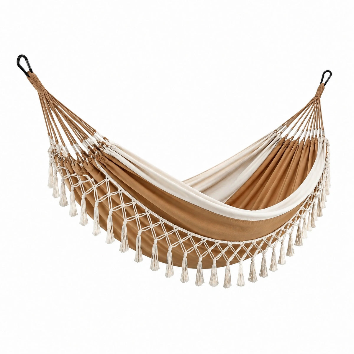 Boho-Hängematte aus Baumwollmischgewebe, Braun/Creme, 300 × 150 cm, mit Karabinern und Quasten