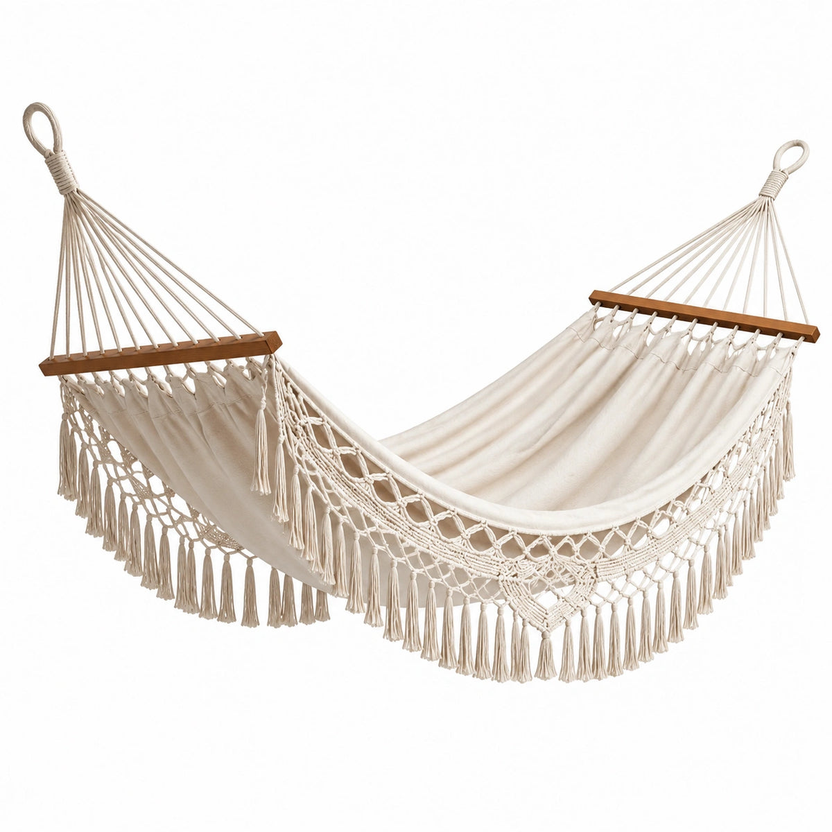 Boho-Hängematte aus Baumwolle mit Holzspreizstäben, Creme/Braun, 200 × 150 cm