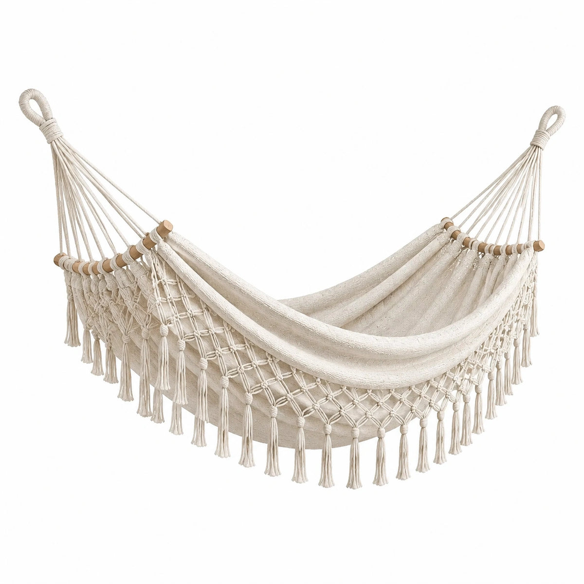 Boho-Hängematte aus Baumwolle mit Holzstäben und Makramee-Fransen, Beige/Hellbraun, 200 x 100 x 120 cm