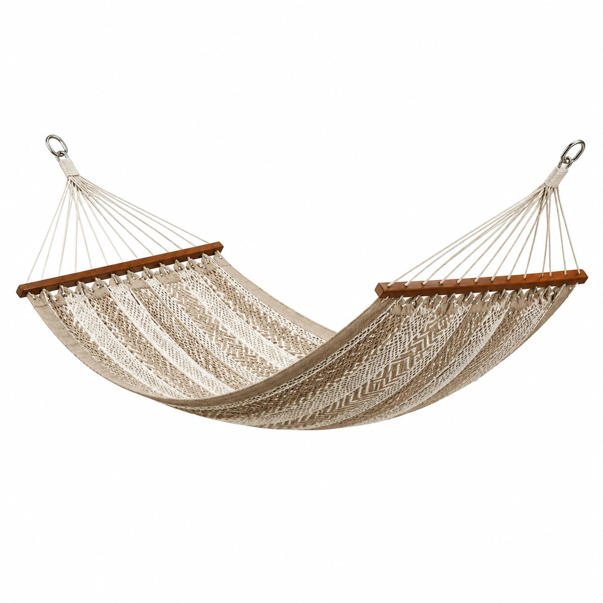 Hängematte im Boho-Stil, Beige, 300 × 140 × 100 cm, mit Holzspreizstäben und Karabinern